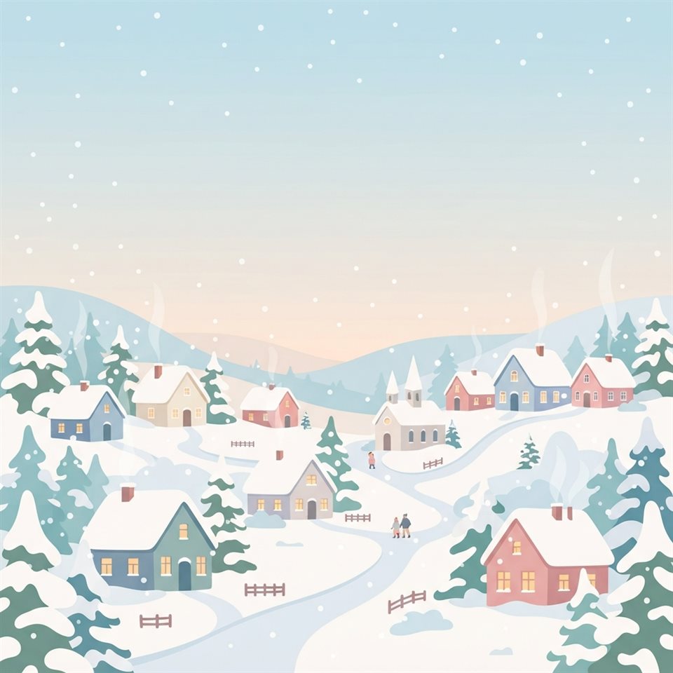 Minimal flat illustration of a cozy small village covered in fresh white snow during a gentle snowfall, wide shot with open space at the top for text, soft pastel colors, bright and cozy, 1:1 aspect ratio