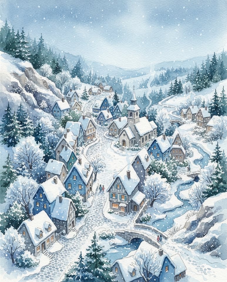Watercolor illustration of a cozy small village covered in fresh white snow during a gentle snowfall, high-angle view from above, cool blue tones, quiet atmosphere, 4:5 aspect ratio