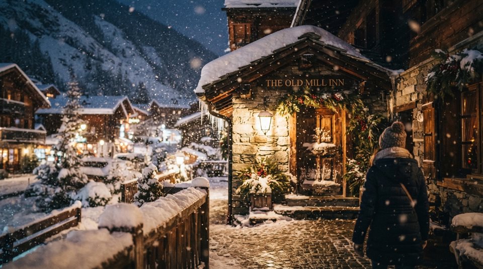 Cinematic film still of a cozy small village covered in fresh white snow during a gentle snowfall, close-up detail with shallow depth of field, vivid colors, high contrast, energetic, 16:9 aspect ratio