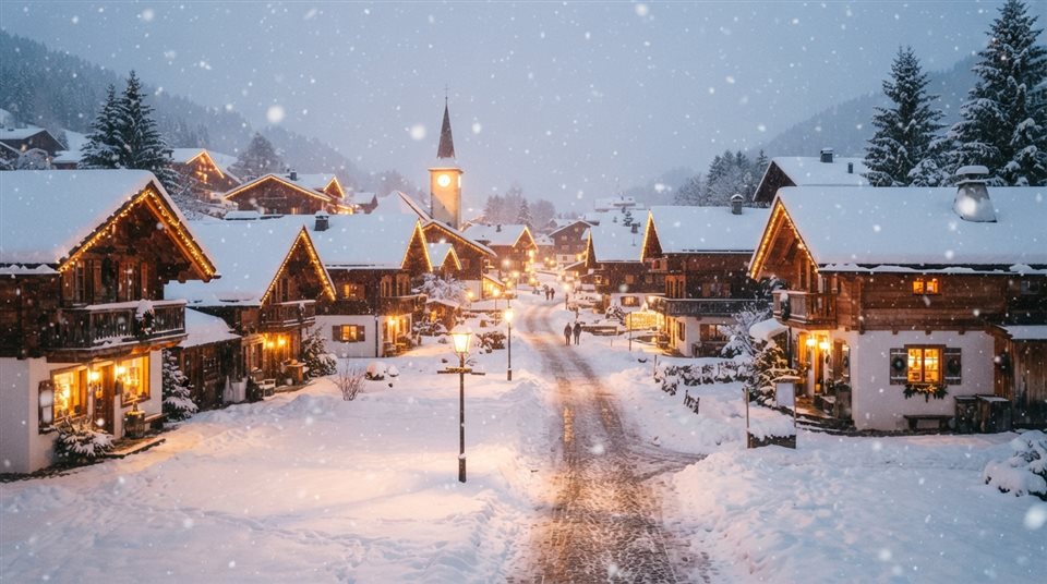 Photorealistic photo of a cozy small village covered in fresh white snow during a gentle snowfall, centered subject with a simple uncluttered composition, warm golden light, calm mood, 16:9 aspect ratio