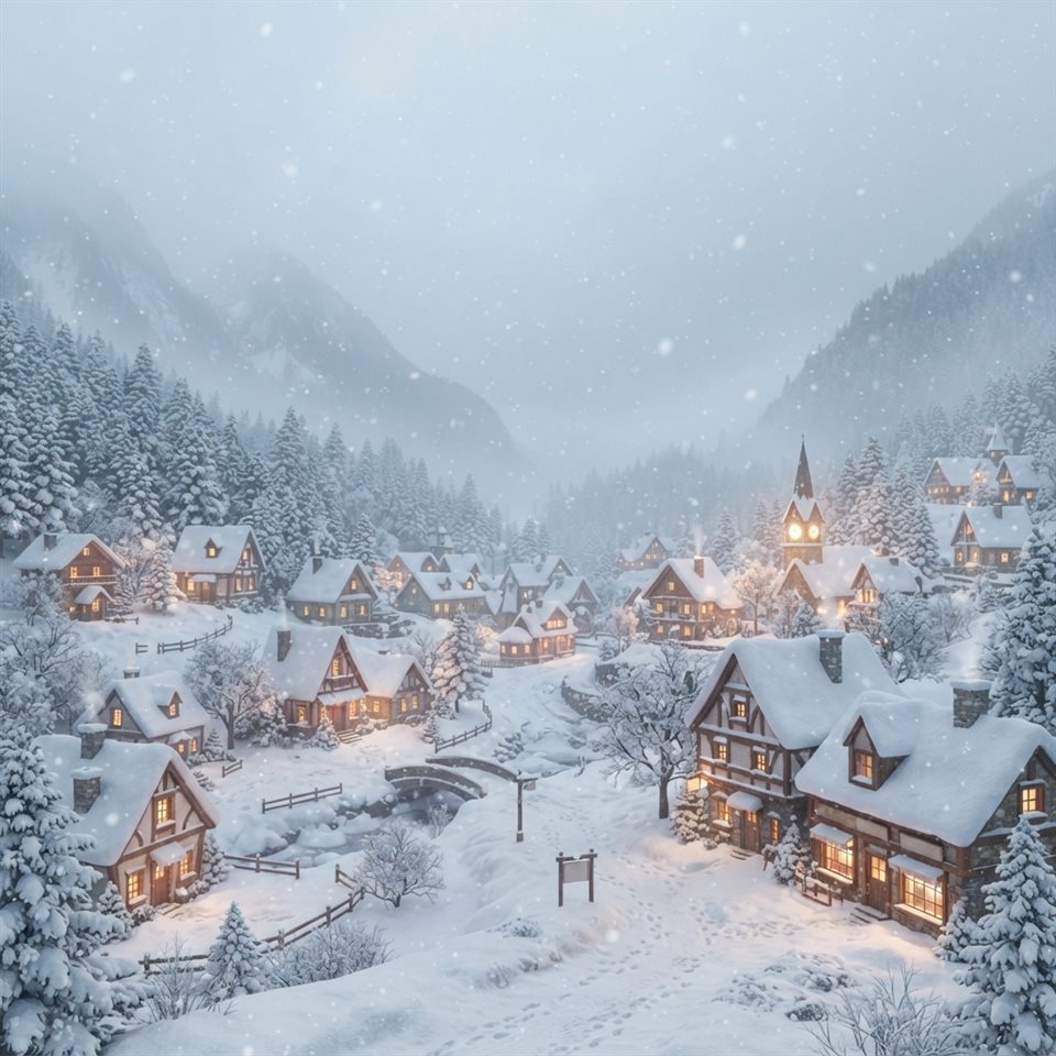 Soft 3D render of a cozy small village covered in fresh white snow during a gentle snowfall, wide shot with open space at the top for text, misty morning haze, dreamy, 1:1 aspect ratio