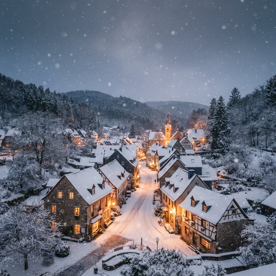 Photorealistic photo of a cozy small village covered in fresh white snow during a gentle snowfall, wide shot with open space at the top for text, warm golden light, calm mood, 1:1 aspect ratio