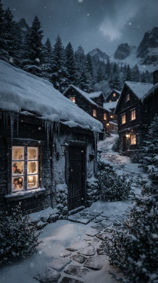 Photorealistic photo of a cozy small village covered in fresh white snow during a gentle snowfall, close-up detail with shallow depth of field, moody dark tones, dramatic lighting, 9:16 aspect ratio