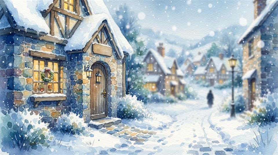 Watercolor illustration of a cozy small village covered in fresh white snow during a gentle snowfall, close-up detail with shallow depth of field, cool blue tones, quiet atmosphere, 16:9 aspect ratio