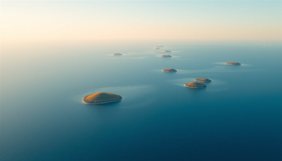 Photorealistic photo of Calm, deep blue ocean waters dotted with small, hazy green islands under a serene, clear horizon., high-angle view from above, warm golden light, calm mood, 16:9 aspect ratio