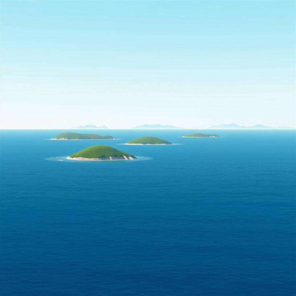 Minimal flat illustration of Calm, deep blue ocean waters dotted with small, hazy green islands under a serene, clear horizon., close-up detail with shallow depth of field, soft pastel colors, bright and cozy, 1:1 aspect ratio