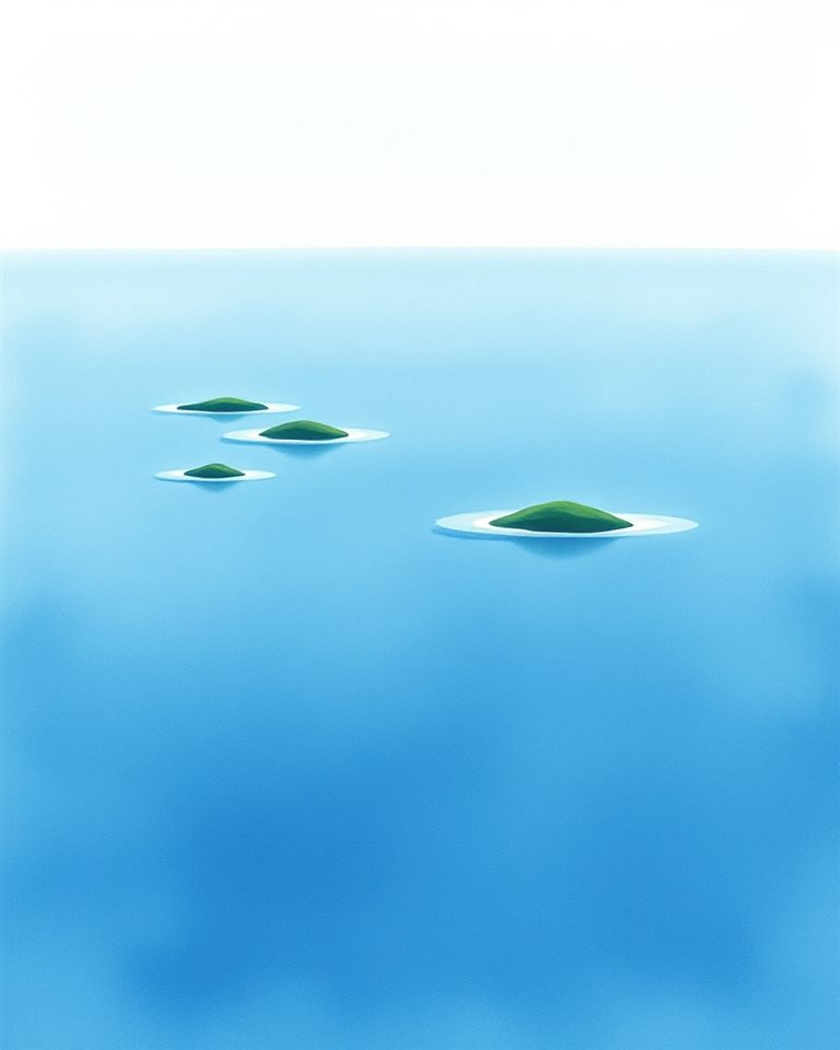 Watercolor illustration of Calm, deep blue ocean waters dotted with small, hazy green islands under a serene, clear horizon., wide shot with open space at the top for text, cool blue tones, quiet atmosphere, 4:5 aspect ratio