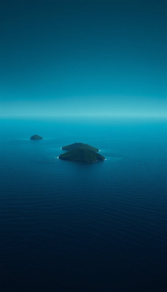 Photorealistic photo of Calm, deep blue ocean waters dotted with small, hazy green islands under a serene, clear horizon., centered subject with a simple uncluttered composition, moody dark tones, dramatic lighting, 9:16 aspect ratio