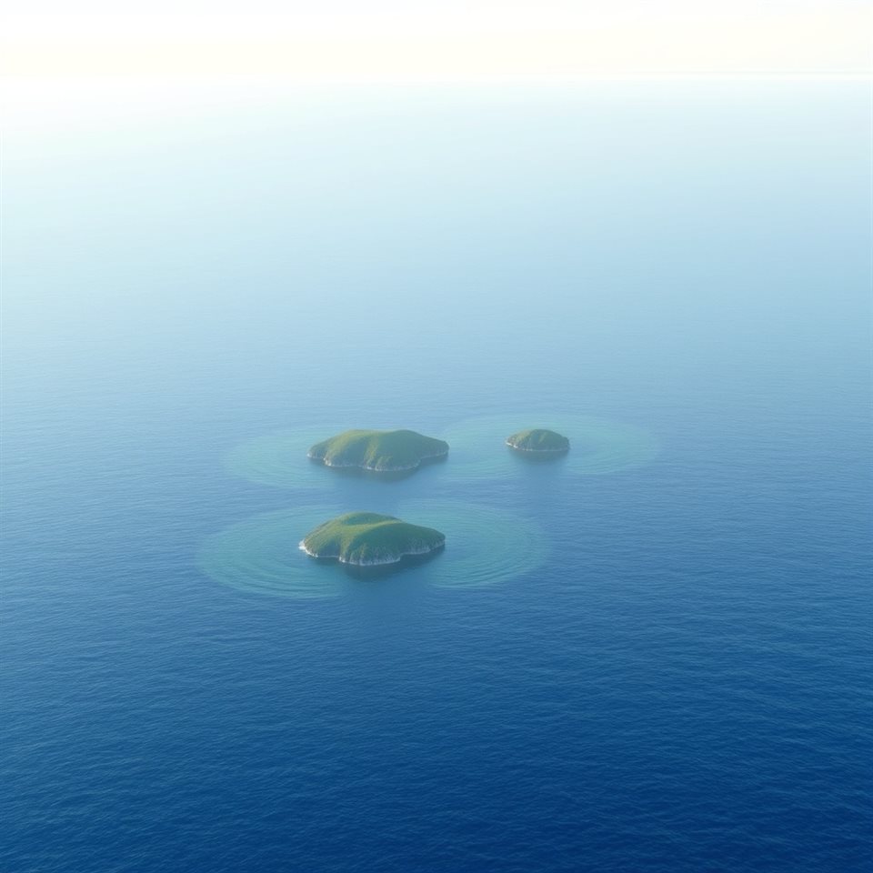 Soft 3D render of Calm, deep blue ocean waters dotted with small, hazy green islands under a serene, clear horizon., close-up detail with shallow depth of field, misty morning haze, dreamy, 1:1 aspect ratio