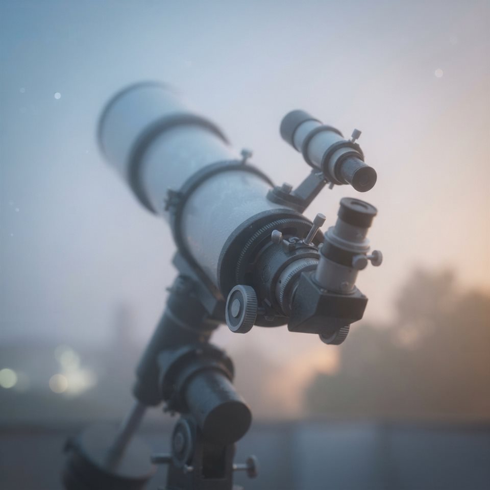 Soft 3D render of a telescope pointing toward distant stars, close-up detail with shallow depth of field, misty morning haze, dreamy, 1:1 aspect ratio