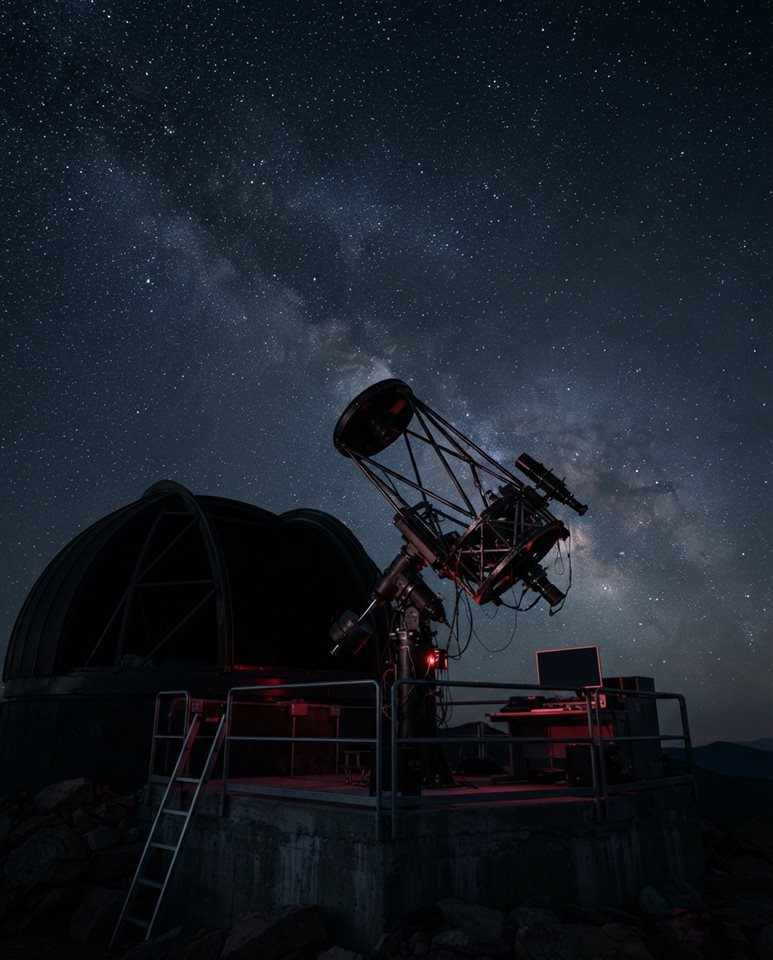 Photorealistic photo of a telescope pointing toward distant stars, wide shot with open space at the top for text, moody dark tones, dramatic lighting, 4:5 aspect ratio