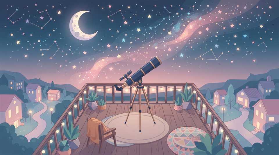 Minimal flat illustration of a telescope pointing toward distant stars, high-angle view from above, soft pastel colors, bright and cozy, 16:9 aspect ratio
