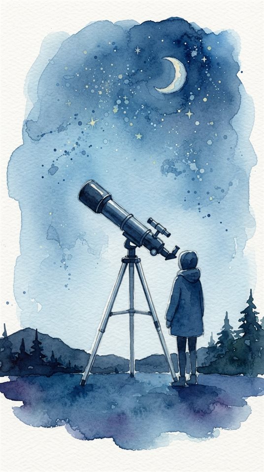 Watercolor illustration of a telescope pointing toward distant stars, centered subject with a simple uncluttered composition, cool blue tones, quiet atmosphere, 9:16 aspect ratio