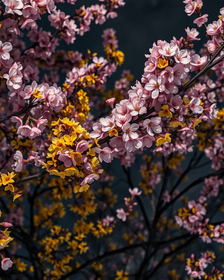 Photorealistic photo of Close-up of delicate pink cherry blossoms and yellowForsythia branches blooming vibrantly against a clear spring sky., high-angle view from above, moody dark tones, dramatic lighting, 4:5 aspect ratio