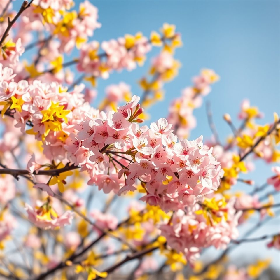 Photorealistic photo of Close-up of delicate pink cherry blossoms and yellowForsythia branches blooming vibrantly against a clear spring sky., wide shot with open space at the top for text, warm golden light, calm mood, 1:1 aspect ratio