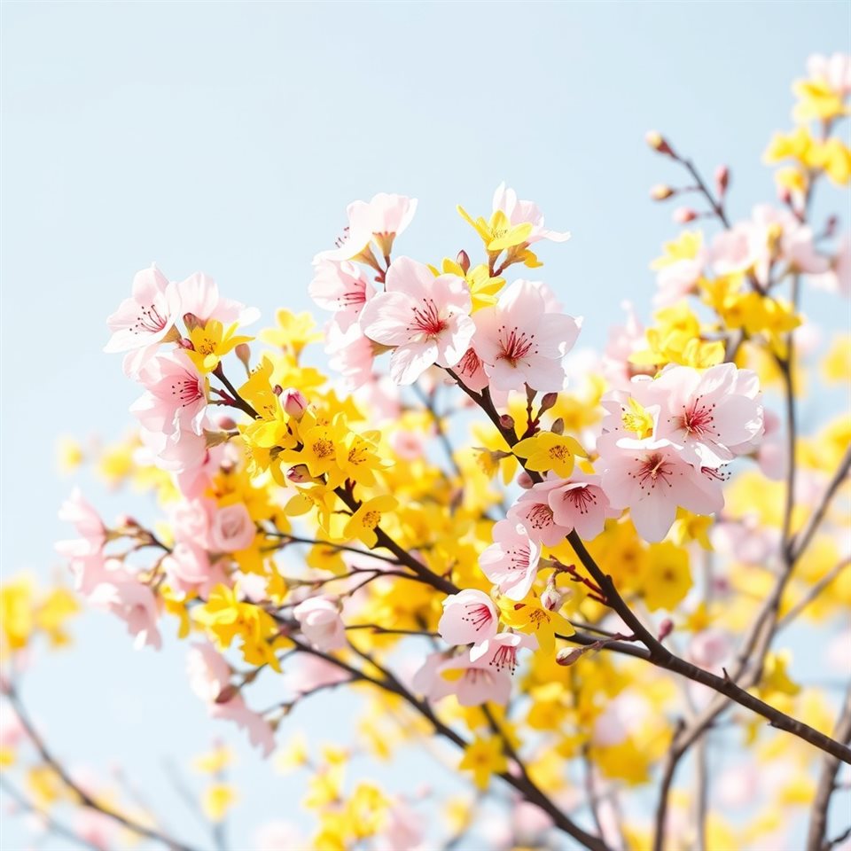 Minimal flat illustration of Close-up of delicate pink cherry blossoms and yellowForsythia branches blooming vibrantly against a clear spring sky., wide shot with open space at the top for text, soft pastel colors, bright and cozy, 1:1 aspect ratio