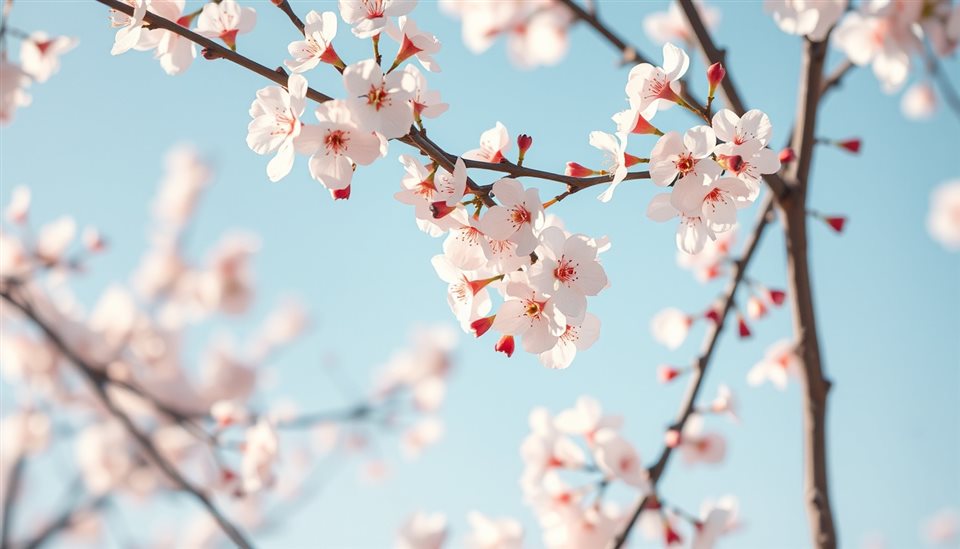 Photorealistic photo of Soft pastel watercolor illustration of blooming cherry blossom branches against a clear sky, close-up detail with shallow depth of field, warm golden light, calm mood, 16:9 aspect ratio
