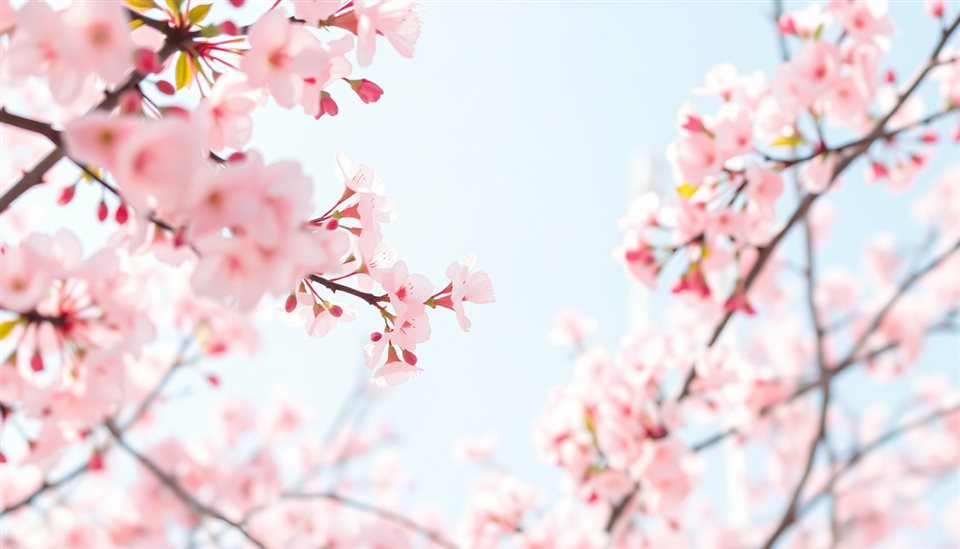 Minimal flat illustration of Soft pastel watercolor illustration of blooming cherry blossom branches against a clear sky, close-up detail with shallow depth of field, soft pastel colors, bright and cozy, 16:9 aspect ratio
