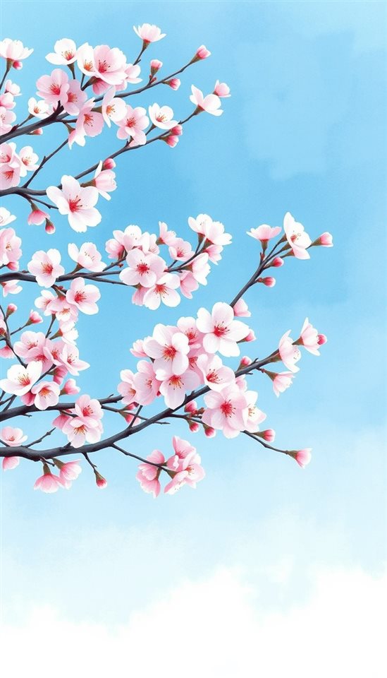 Watercolor illustration of Soft pastel watercolor illustration of blooming cherry blossom branches against a clear sky, wide shot with open space at the top for text, cool blue tones, quiet atmosphere, 9:16 aspect ratio