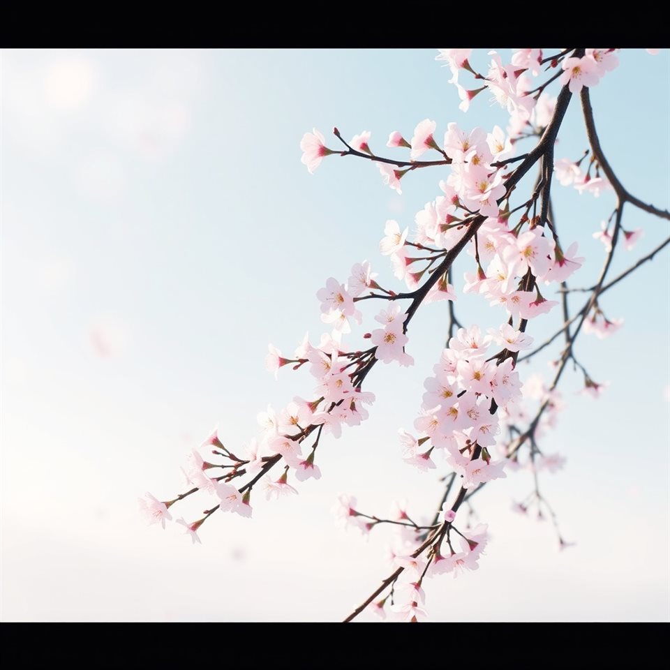 Soft 3D render of Soft pastel watercolor illustration of blooming cherry blossom branches against a clear sky, high-angle view from above, misty morning haze, dreamy, 1:1 aspect ratio