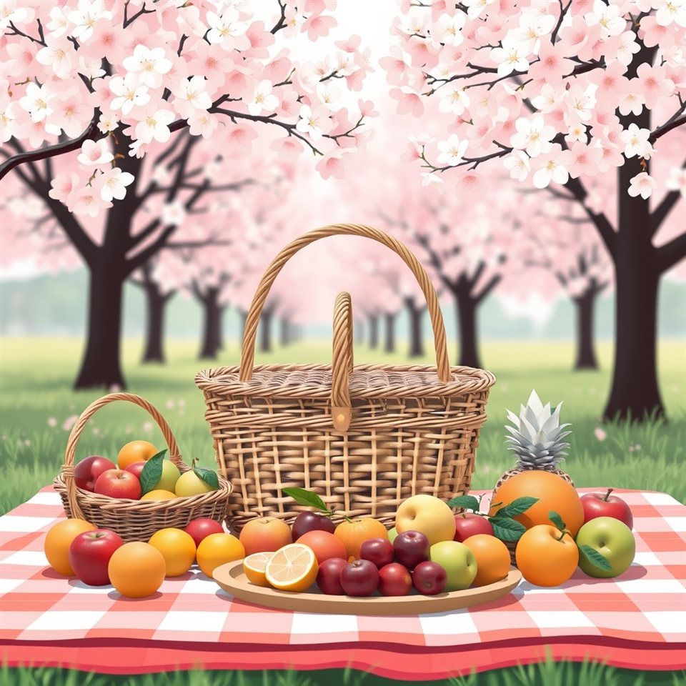 Minimal flat illustration of A woven picnic basket and fresh fruits spread on a checkered blanket under cherry blossom trees, close-up detail with shallow depth of field, soft pastel colors, bright and cozy, 1:1 aspect ratio