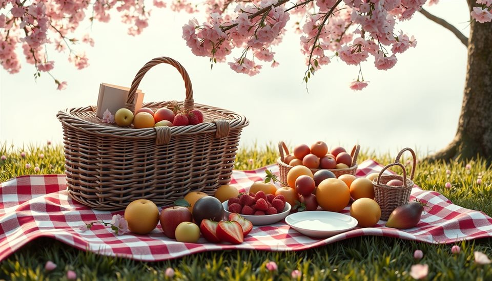 Soft 3D render of A woven picnic basket and fresh fruits spread on a checkered blanket under cherry blossom trees, high-angle view from above, misty morning haze, dreamy, 16:9 aspect ratio
