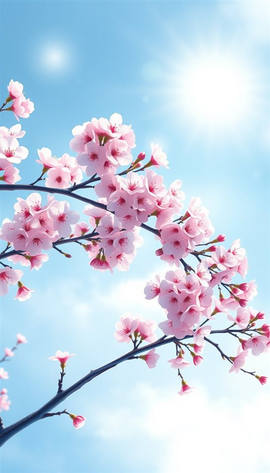 Watercolor illustration of Blooming cherry blossom branches against a soft, sunlit spring sky., high-angle view from above, cool blue tones, quiet atmosphere, 9:16 aspect ratio