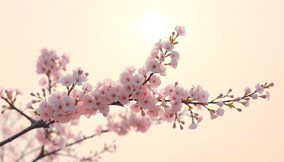 Soft 3D render of Blooming cherry blossom branches against a soft, sunlit spring sky., wide shot with open space at the top for text, misty morning haze, dreamy, 16:9 aspect ratio
