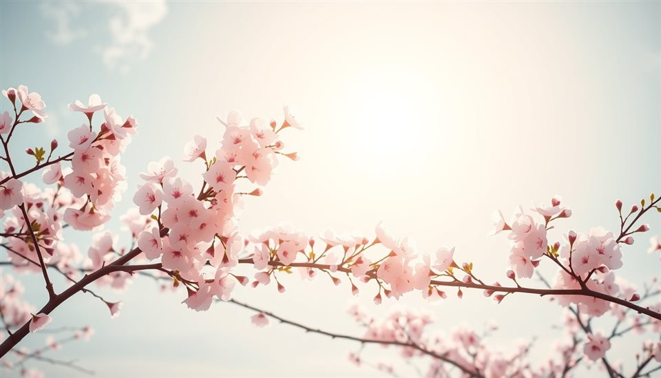 햇살 가득한 부드러운 봄하늘을 배경으로 만개한 벚꽃 나뭇가지., 미니멀 플랫 일러스트, 위쪽에 글자 넣을 여백이 있는 넓은 구도, 부드러운 파스텔 색감, 밝고 포근한 분위기, 16:9 비율