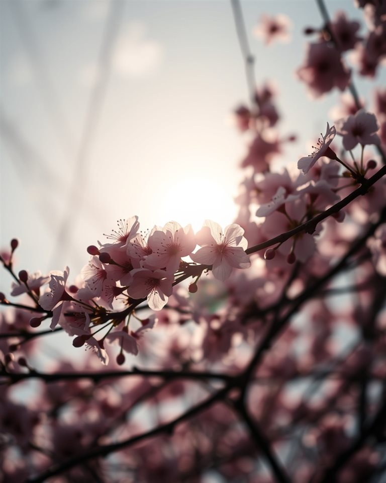 Photorealistic photo of Blooming cherry blossom branches against a soft, sunlit spring sky., close-up detail with shallow depth of field, moody dark tones, dramatic lighting, 4:5 aspect ratio