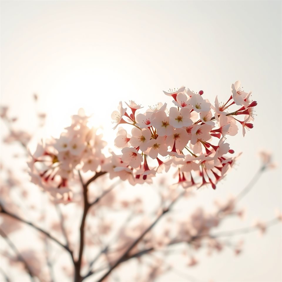 햇살 가득한 부드러운 봄하늘을 배경으로 만개한 벚꽃 나뭇가지., 사실적인 사진, 단순하고 깔끔한 구도 가운데 놓인 피사체, 따뜻한 황금빛, 차분한 분위기, 1:1 비율