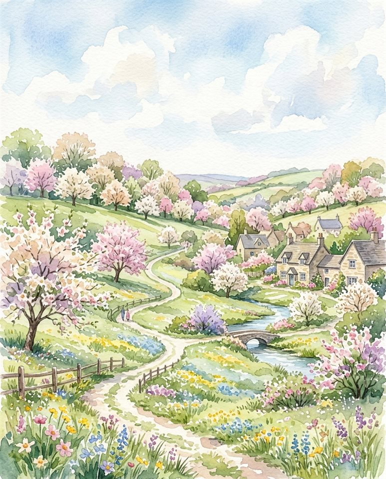 花が咲く木々がある春の景色の水彩画風イラスト、上部にテキスト用の余白があるワイドショット、柔らかなパステルカラー、明るく居心地の良い雰囲気、4:5アスペクト比