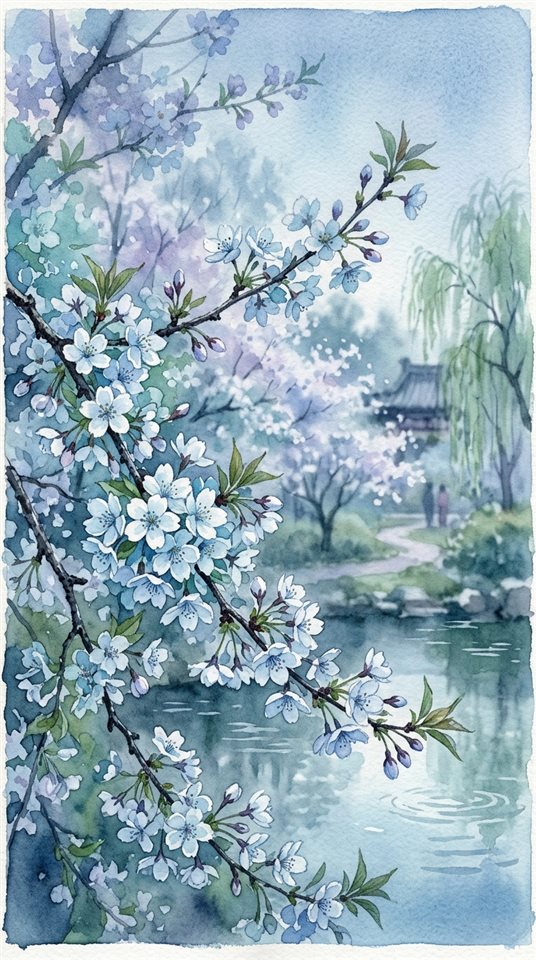 Ilustración en acuarela de una escena primaveral con árboles en flor, detalle en primer plano con poca profundidad de campo, tonos azules fríos, atmósfera serena, relación de aspecto 9:16