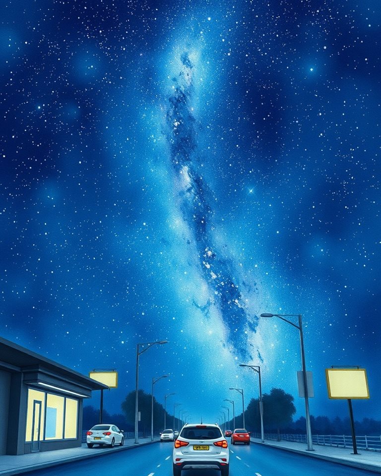 Watercolor illustration of Vibrant Milky Way galaxy stretching across a deep blue night sky filled with countless bright stars, high-angle view from above, cool blue tones, quiet atmosphere, 4:5 aspect ratio