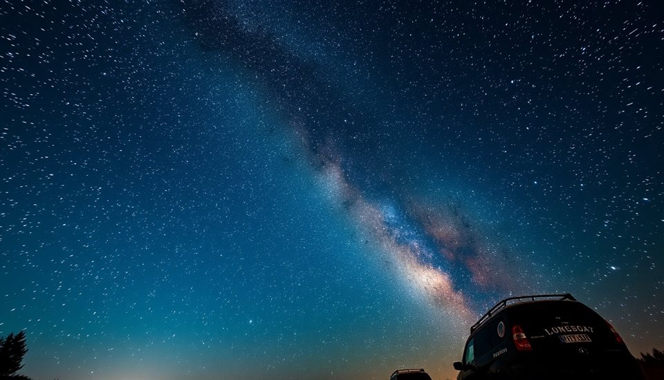 Photorealistic photo of Vibrant Milky Way galaxy stretching across a deep blue night sky filled with countless bright stars, centered subject with a simple uncluttered composition, warm golden light, calm mood, 16:9 aspect ratio