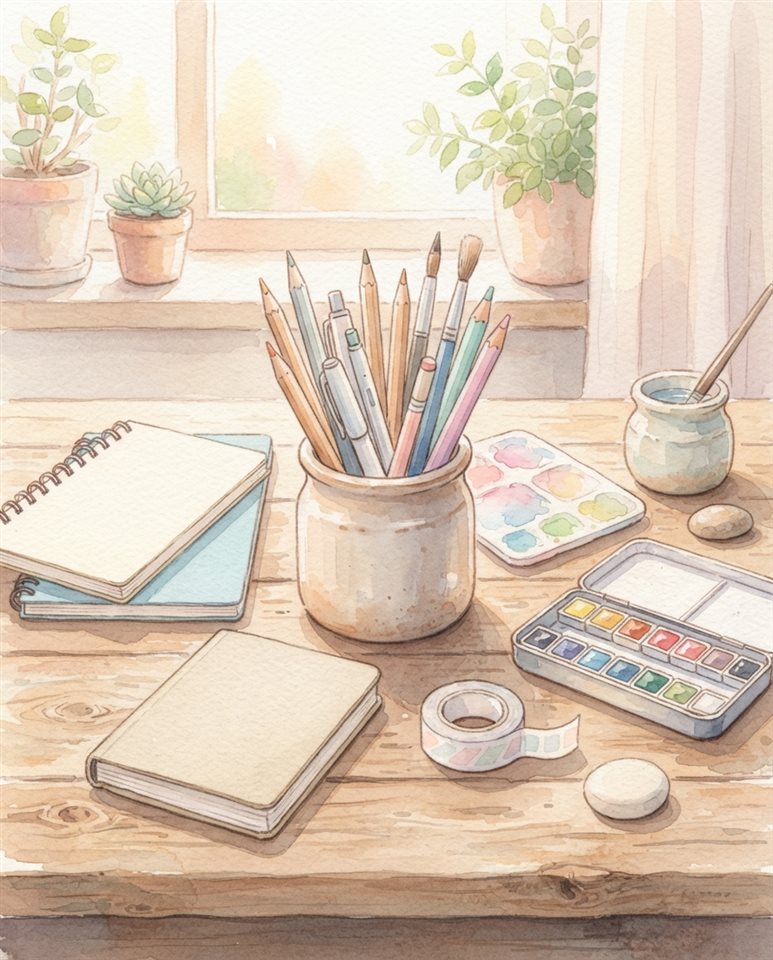 Watercolor illustration of pencils, notebooks and stationery on a desk, centered subject with a simple uncluttered composition, soft pastel colors, bright and cozy, 4:5 aspect ratio