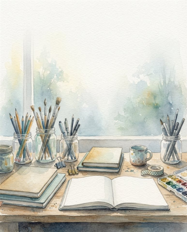 Watercolor illustration of pencils, notebooks and stationery on a desk, wide shot with open space at the top for text, misty morning haze, dreamy, 4:5 aspect ratio