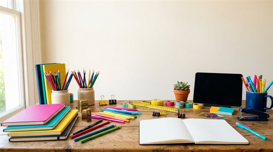 Photorealistic photo of pencils, notebooks and stationery on a desk, wide shot with open space at the top for text, vivid colors, high contrast, energetic, 16:9 aspect ratio