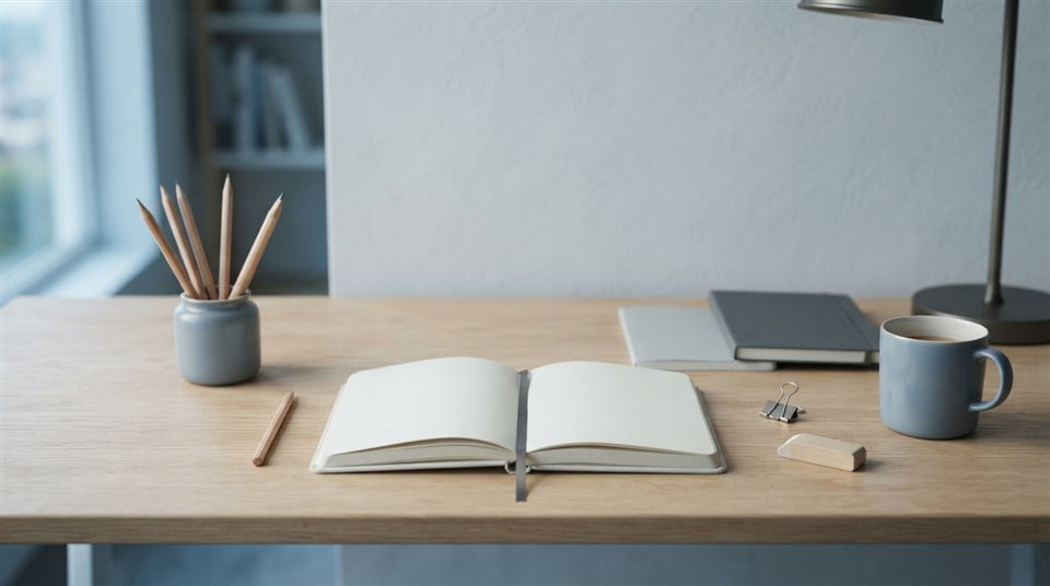 Photorealistic photo of pencils, notebooks and stationery on a desk, centered subject with a simple uncluttered composition, cool blue tones, quiet atmosphere, 16:9 aspect ratio