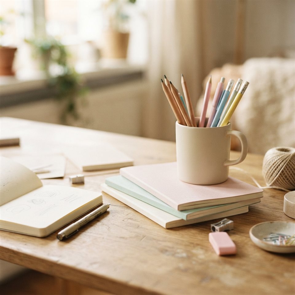Photorealistic photo of pencils, notebooks and stationery on a desk, close-up detail with shallow depth of field, soft pastel colors, bright and cozy, 1:1 aspect ratio