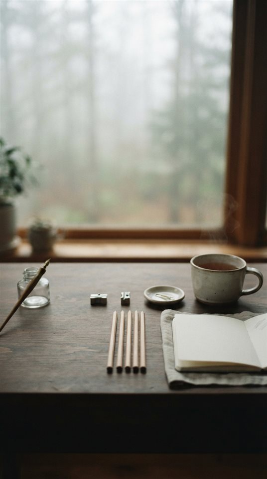 Cinematic film still of pencils, notebooks and stationery on a desk, centered subject with a simple uncluttered composition, misty morning haze, dreamy, 9:16 aspect ratio
