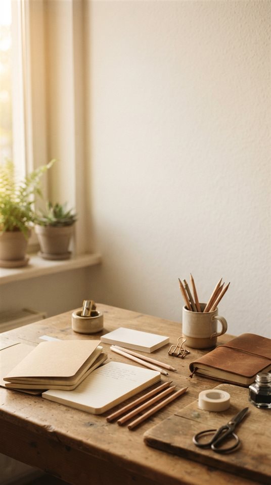 Cinematic film still of pencils, notebooks and stationery on a desk, wide shot with open space at the top for text, warm golden light, calm mood, 9:16 aspect ratio