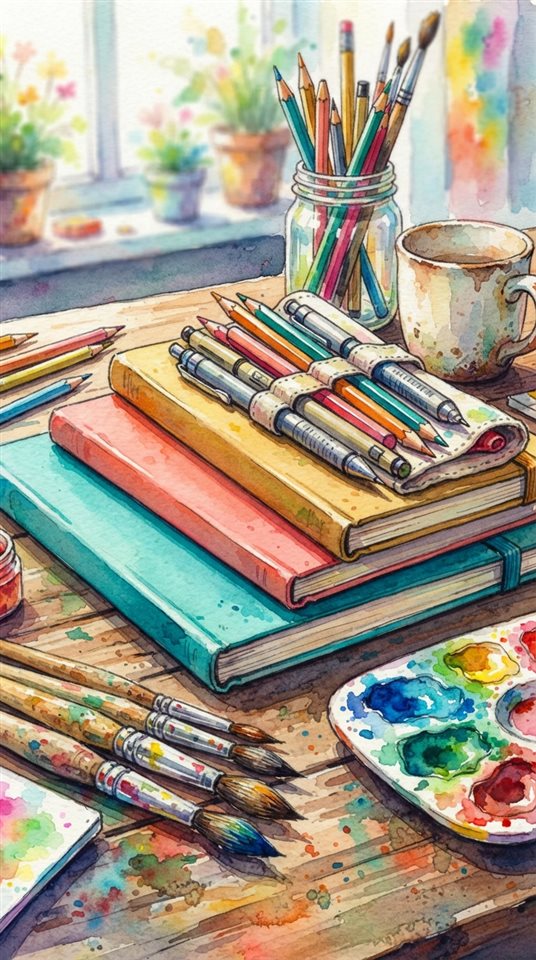 Watercolor illustration of pencils, notebooks and stationery on a desk, close-up detail with shallow depth of field, vivid colors, high contrast, energetic, 9:16 aspect ratio