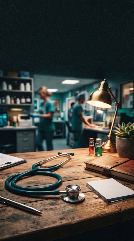 Cinematic film still of a stethoscope on a desk, wide shot with open space at the top for text, vivid colors, high contrast, energetic, 9:16 aspect ratio
