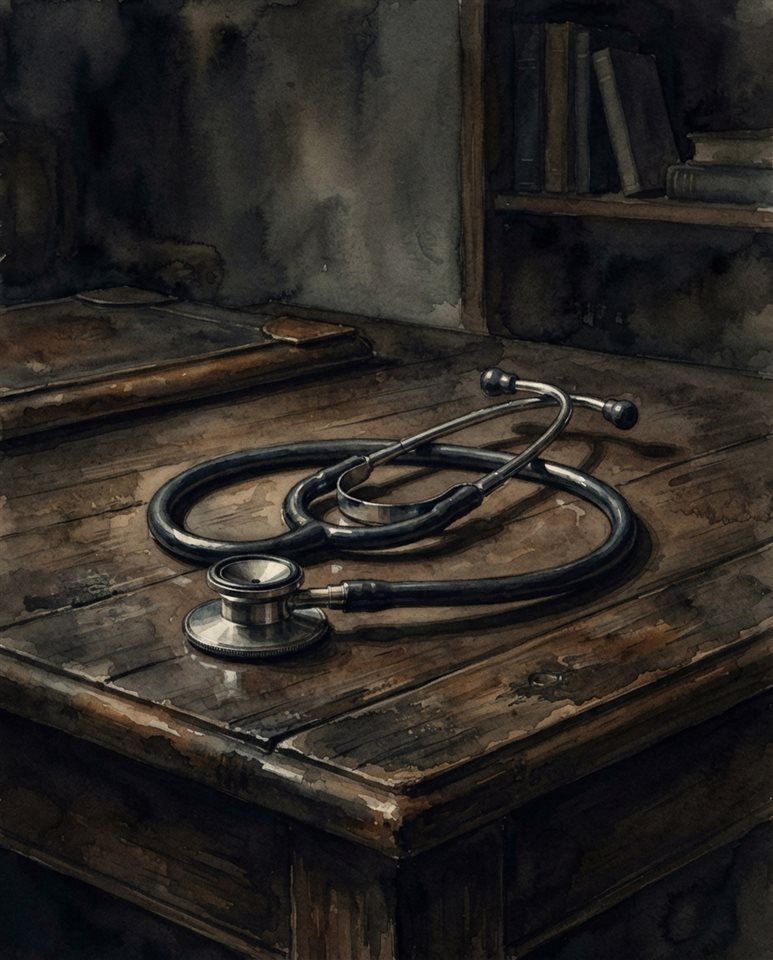 Watercolor illustration of a stethoscope on a desk, centered subject with a simple uncluttered composition, moody dark tones, dramatic lighting, 4:5 aspect ratio