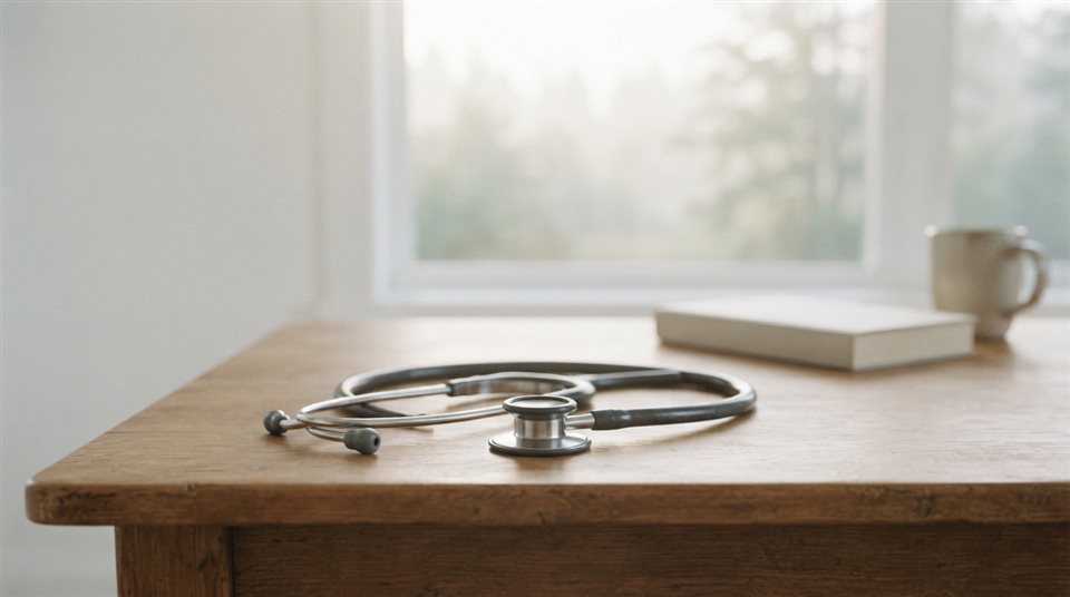 Photorealistic photo of a stethoscope on a desk, centered subject with a simple uncluttered composition, misty morning haze, dreamy, 16:9 aspect ratio