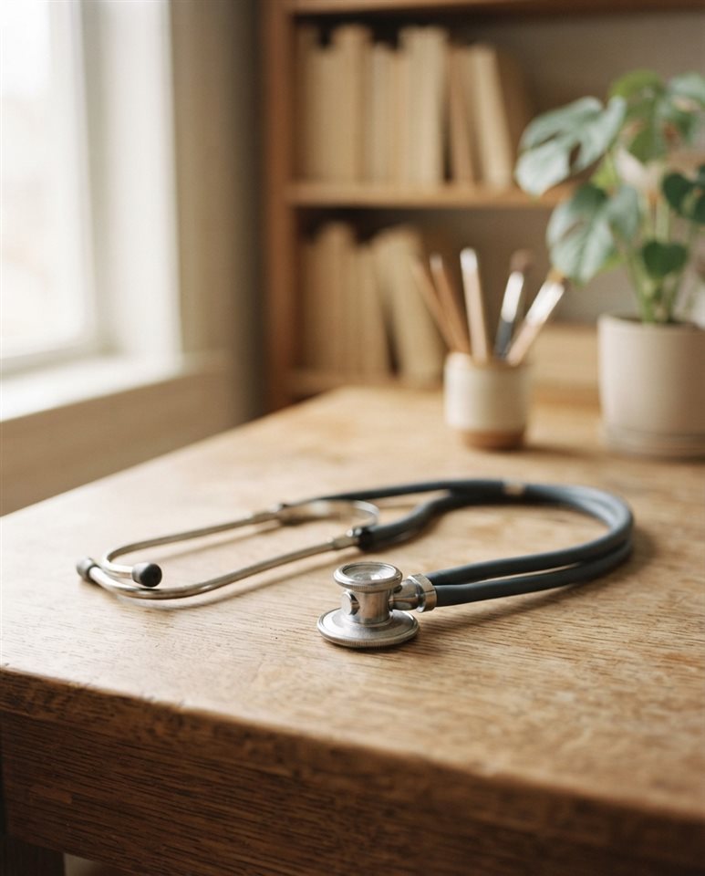 Cinematic film still of a stethoscope on a desk, close-up detail with shallow depth of field, soft pastel colors, bright and cozy, 4:5 aspect ratio