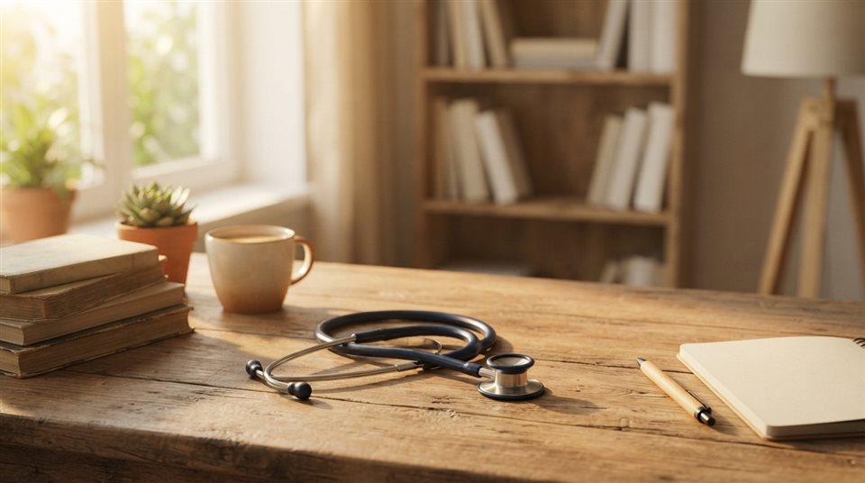 Photorealistic photo of a stethoscope on a desk, wide shot with open space at the top for text, warm golden light, calm mood, 16:9 aspect ratio
