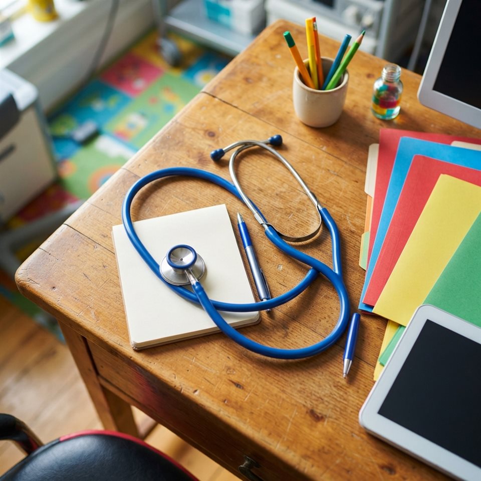 Photorealistic photo of a stethoscope on a desk, high-angle view from above, vivid colors, high contrast, energetic, 1:1 aspect ratio
