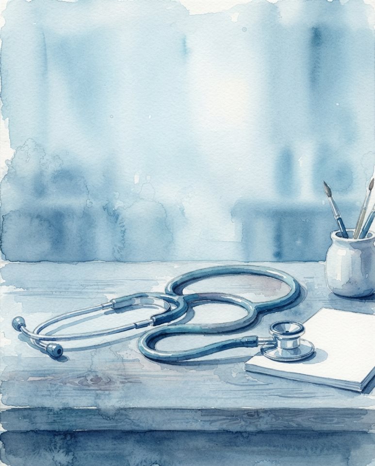 Watercolor illustration of a stethoscope on a desk, wide shot with open space at the top for text, cool blue tones, quiet atmosphere, 4:5 aspect ratio
